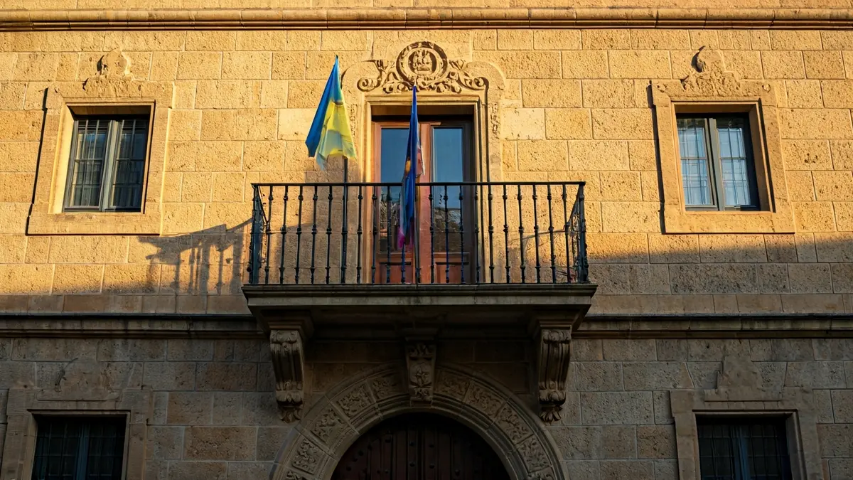 Façana de l'ajuntament d'Alcalà de Xivert amb balcó de ferro forjat i llum solar de la vesprada.