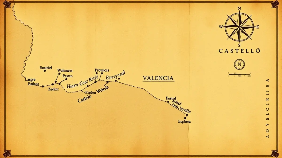 Imatge d'un mapa històric de la costa valenciana, amb símbols navals antics.