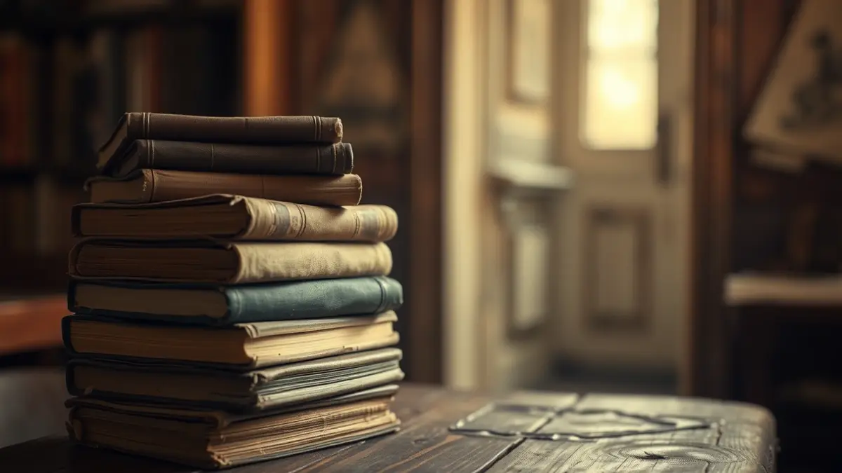 Generic image of a stack of old books on a wooden table, with a slightly ajar door in the background, suggesting mystery and forgotten places.