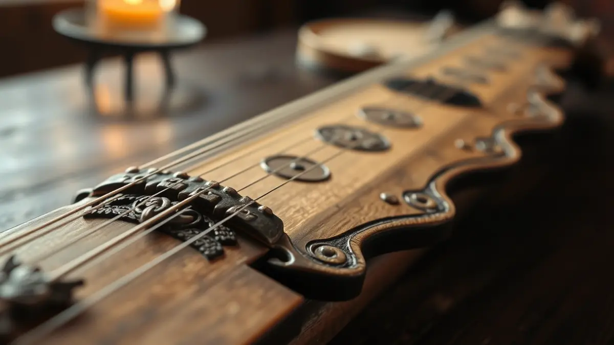 Generic image of a medieval musical instrument, such as a lute or oud, with carved details.