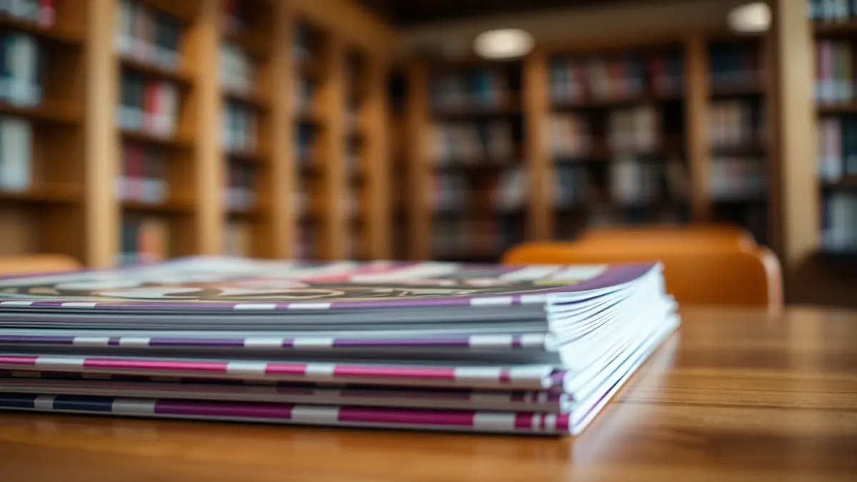 Imagen genérica de una pila de revistas con una cubierta de diseño púrpura, en una biblioteca.