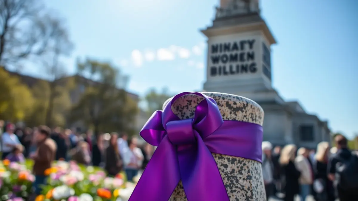 Image of a purple ribbon on a monument, symbolizing republican memory and women's rights.