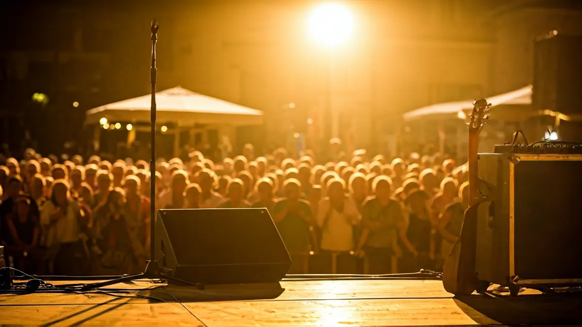 Imatge genèrica d'un escenari de concert amb un micròfon i una guitarra.