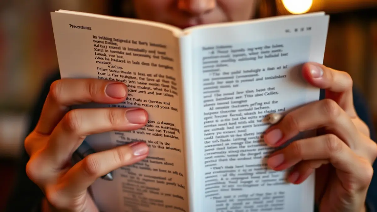 Generic image of hands holding an English textbook, with a pen on the page.