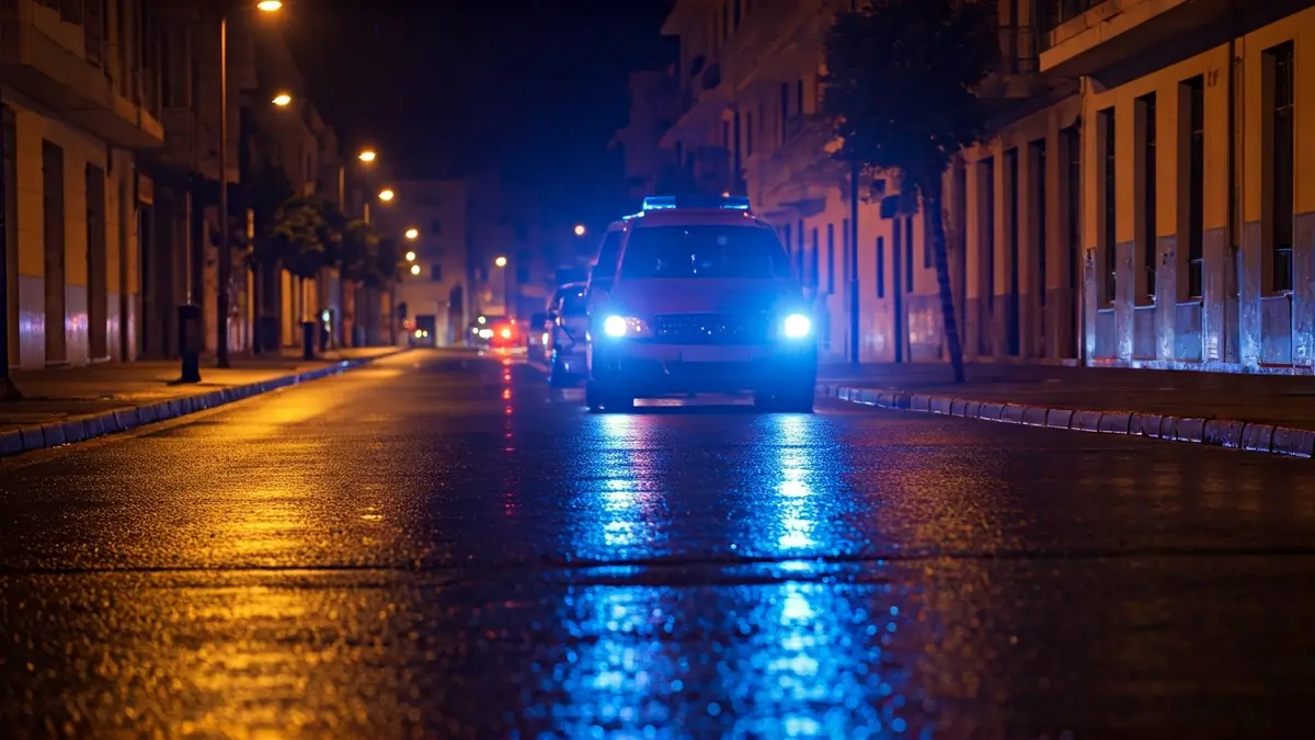 Imatge genèrica de llums d'emergència reflectint-se sobre l'asfalt mullat de nit.