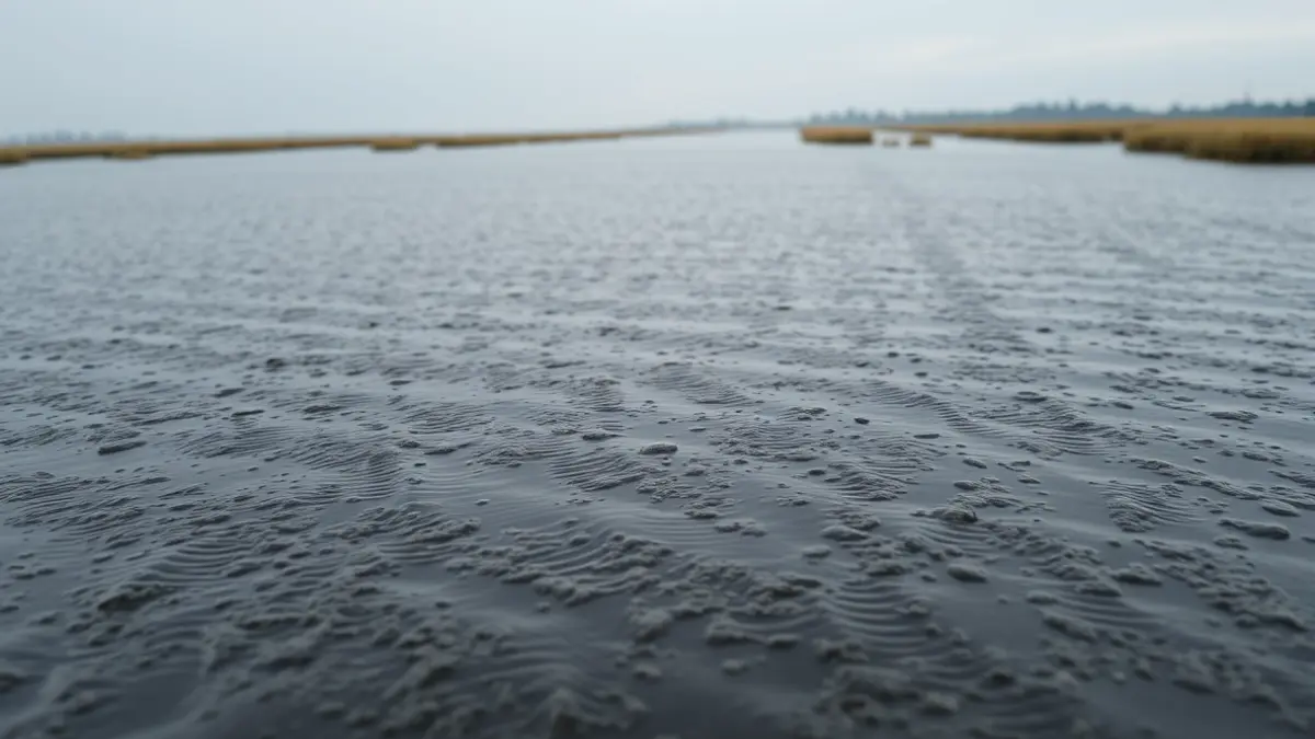 Image of a canal with a thick layer of dark, murky water, reflecting pollution.