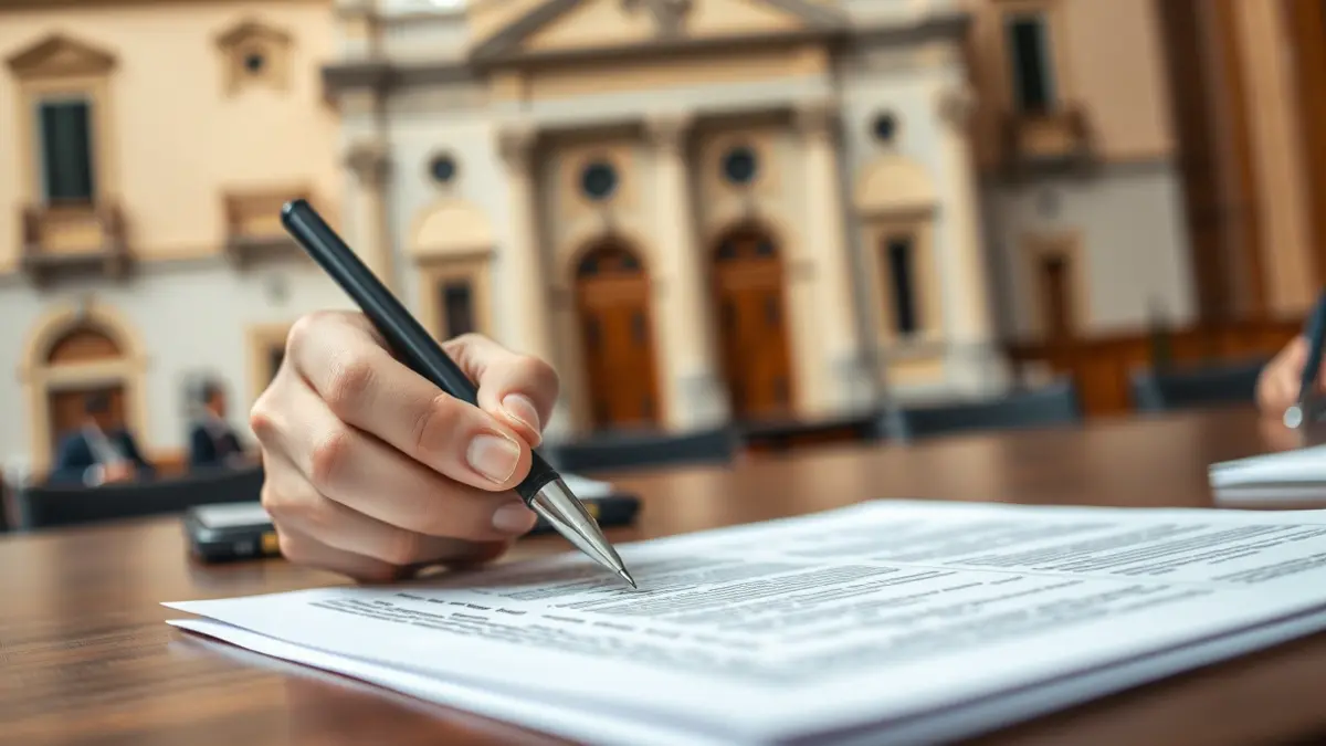 Image of a hand with a pen over a document, with a town hall in the background, symbolizing political decision-making.