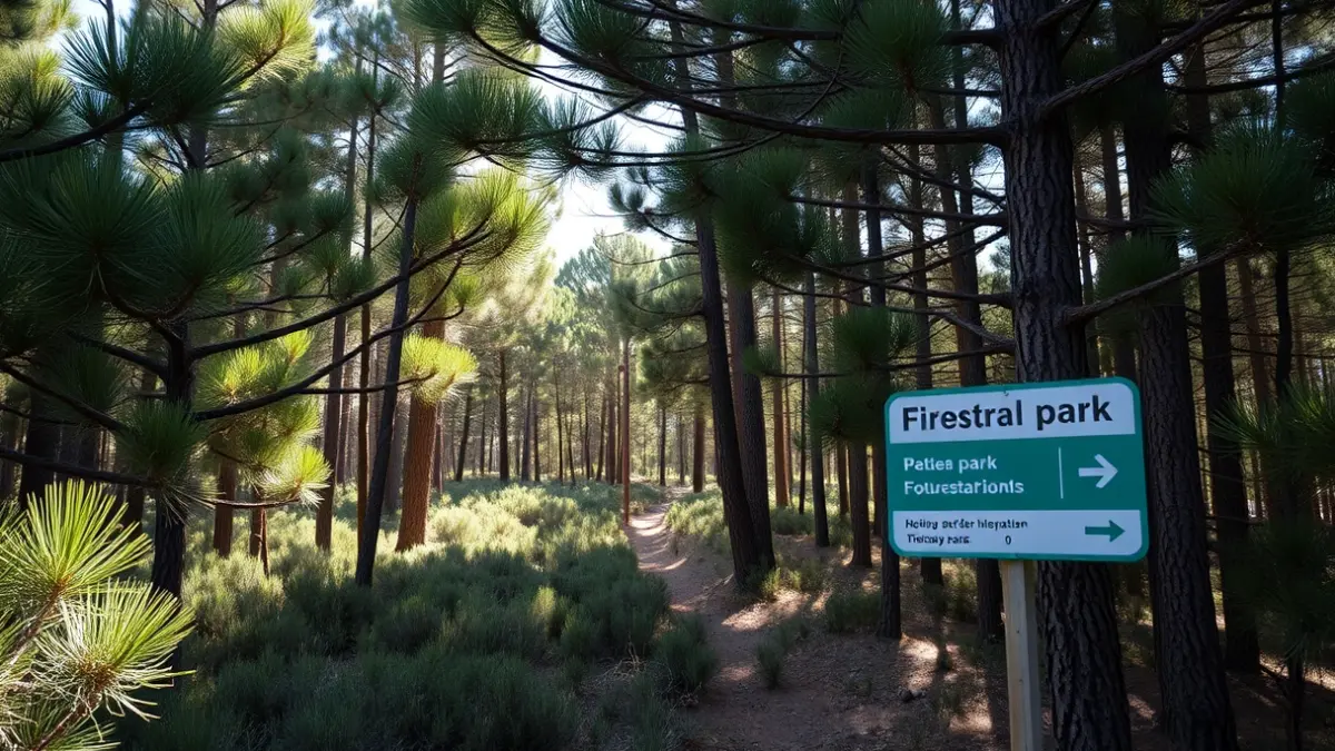 Imatge d'un bosc mediterrani amb una franja de prevenció d'incendis, amb la llum del sol filtrant-se entre els arbres.
