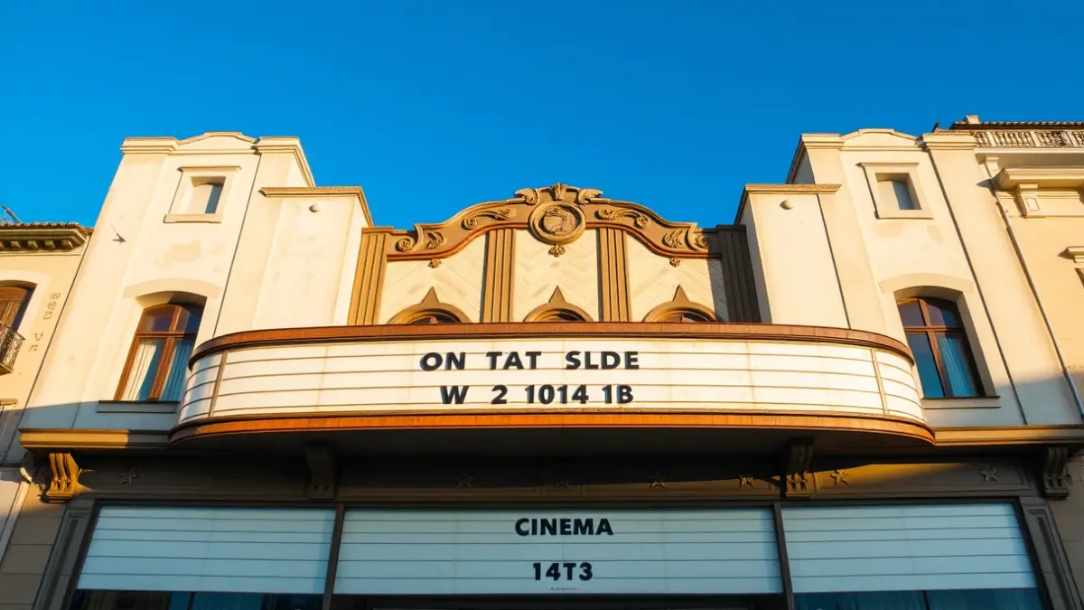 Façana d'un cinema antic amb elements art déco, amb signes del pas del temps però conservant el seu encant històric, en una ciutat mediterrània.