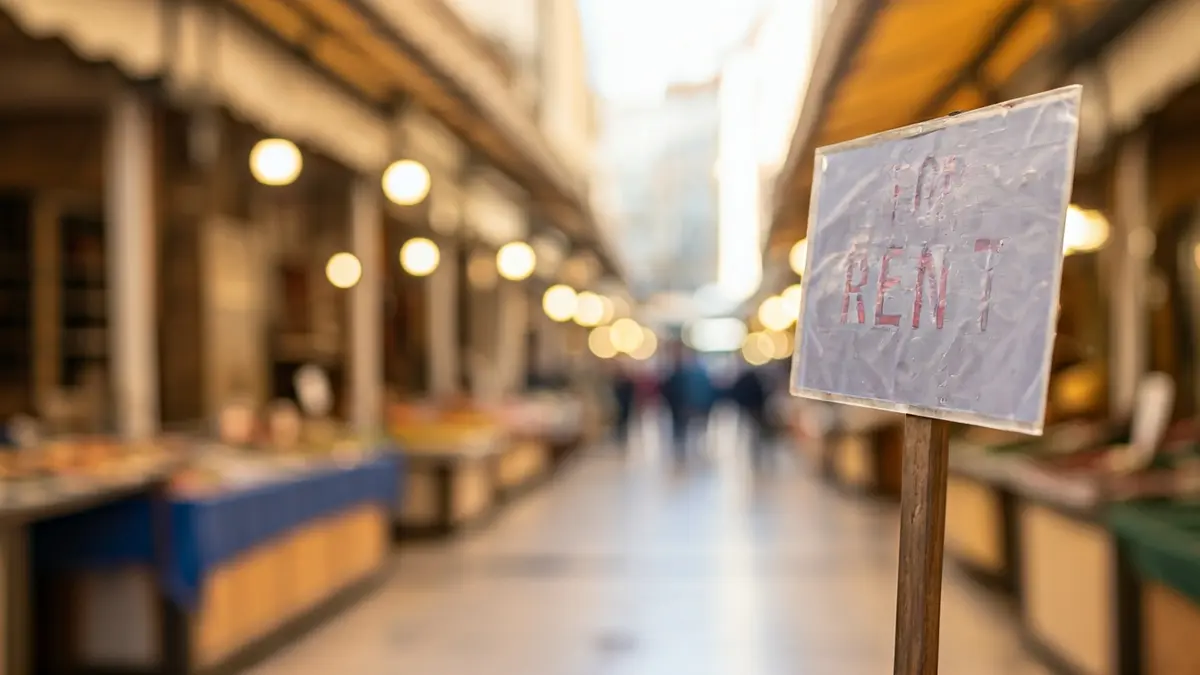 Imatge d'un lloc de mercat buit amb un cartell de 'Es lloga'.