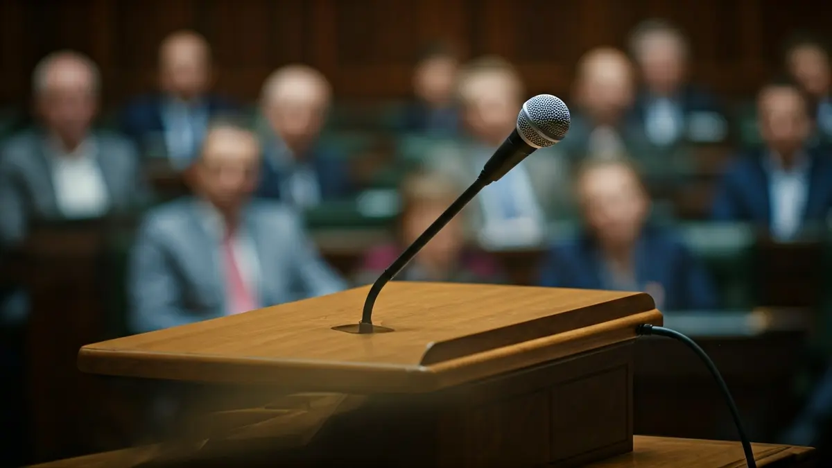 Generic image of a microphone on a podium in a parliamentary chamber, with blurred figures in the background.