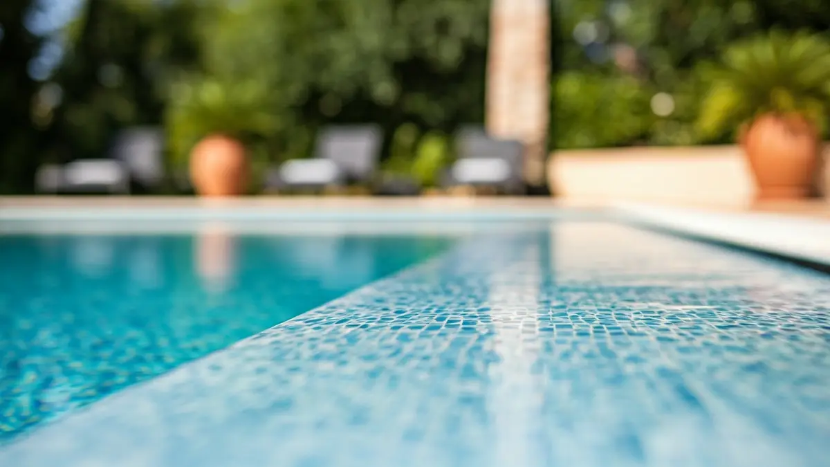 Imatge genèrica d'una piscina moderna amb rajoles de porcellana de gran format i aigua blava.
