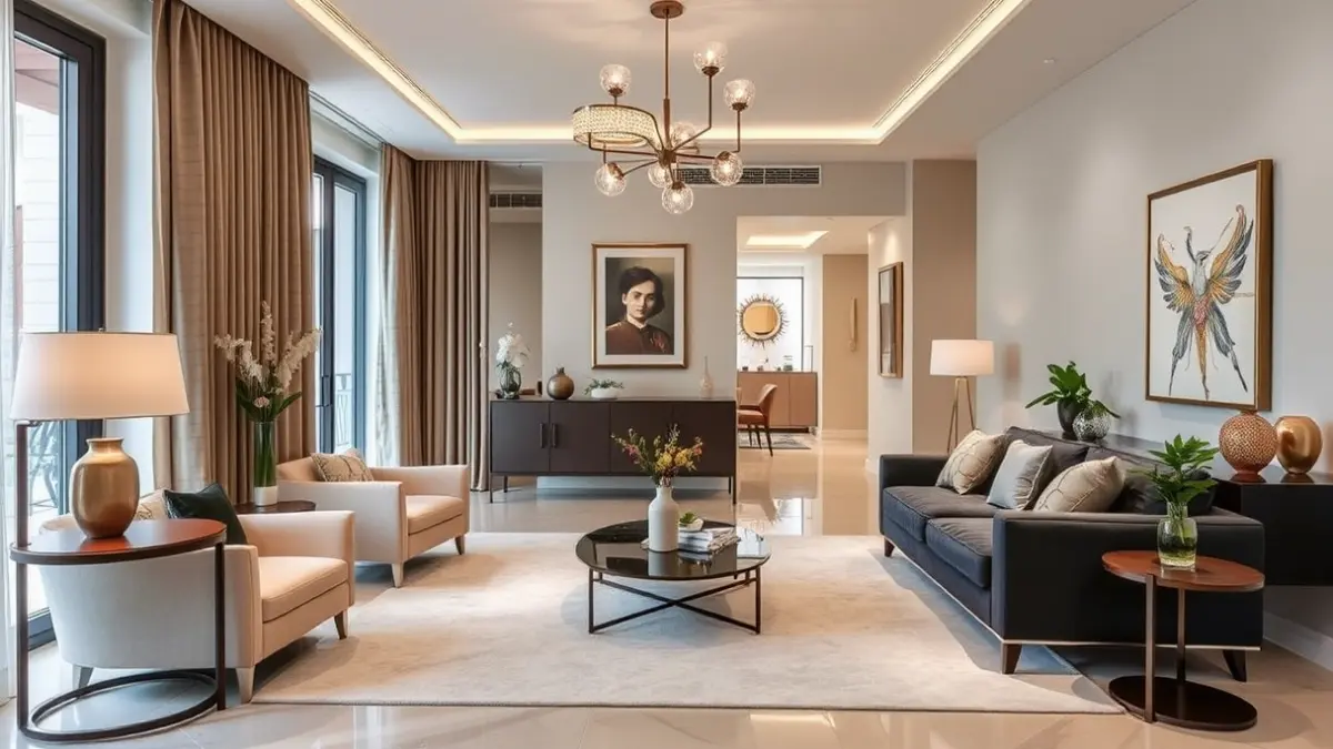 Imagen de un apartamento boutique con diseño moderno y mobiliario elegante, ambiente de sala de exposiciones.