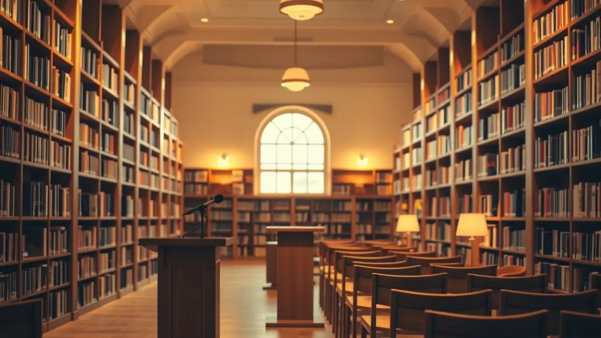 Imatge genèrica d'un interior de biblioteca amb prestatgeries de fusta i un faristol amb micròfon, amb una atmosfera càlida de lectura.