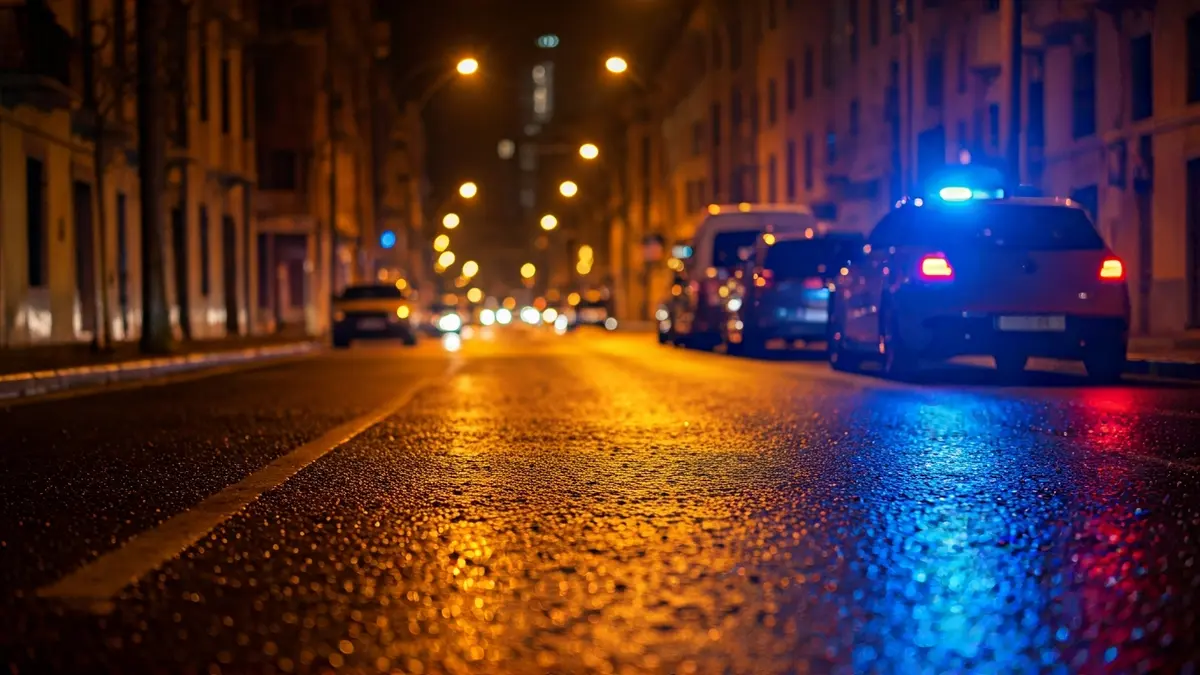 Generic image of emergency lights reflecting on wet asphalt at night.