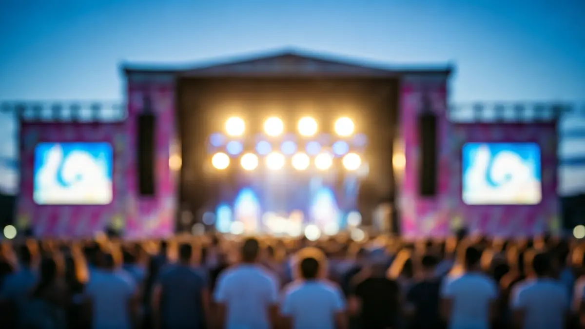 Generic image of an outdoor music festival with colorful lights and a blurred crowd.