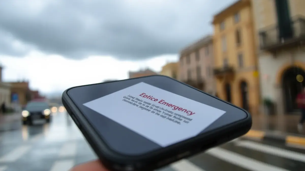 Generic image of a mobile phone displaying an emergency alert message with rain in the background.