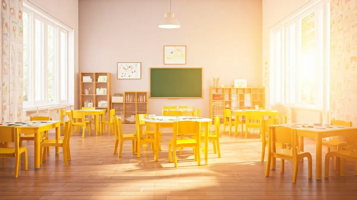 Imatge genèrica d'una aula infantil amb activitats i colors vius.