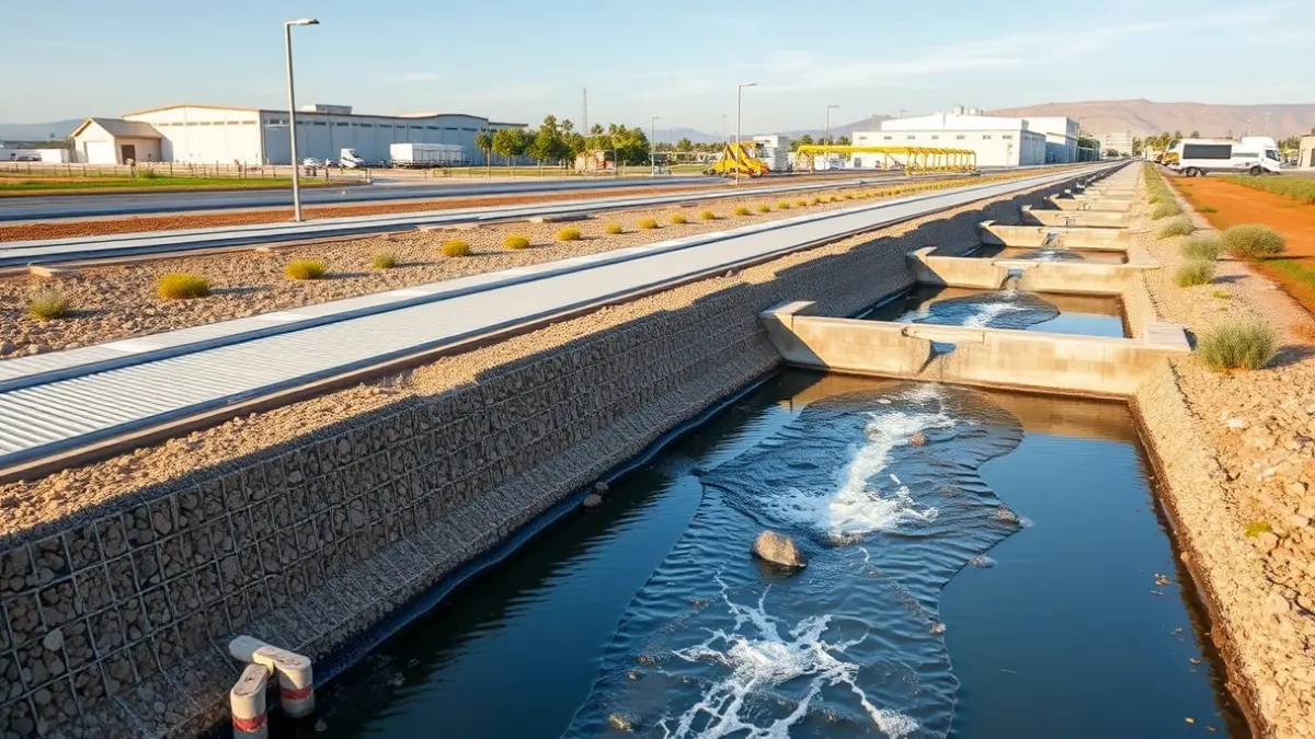 Imagen de infraestructura moderna en un polígono industrial, con nuevos colectores pluviales y balsas de retención de agua.