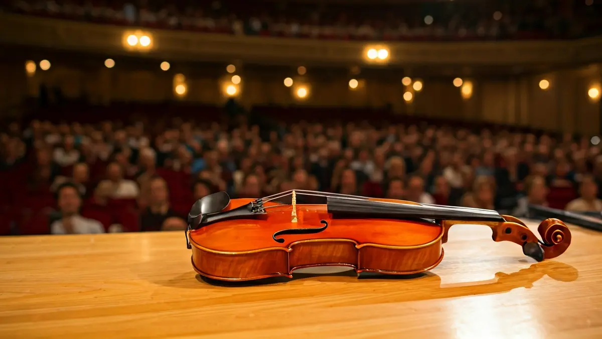 Imatge genèrica d'un violí i un violoncel en un escenari, amb seients de públic desenfocats al fons.