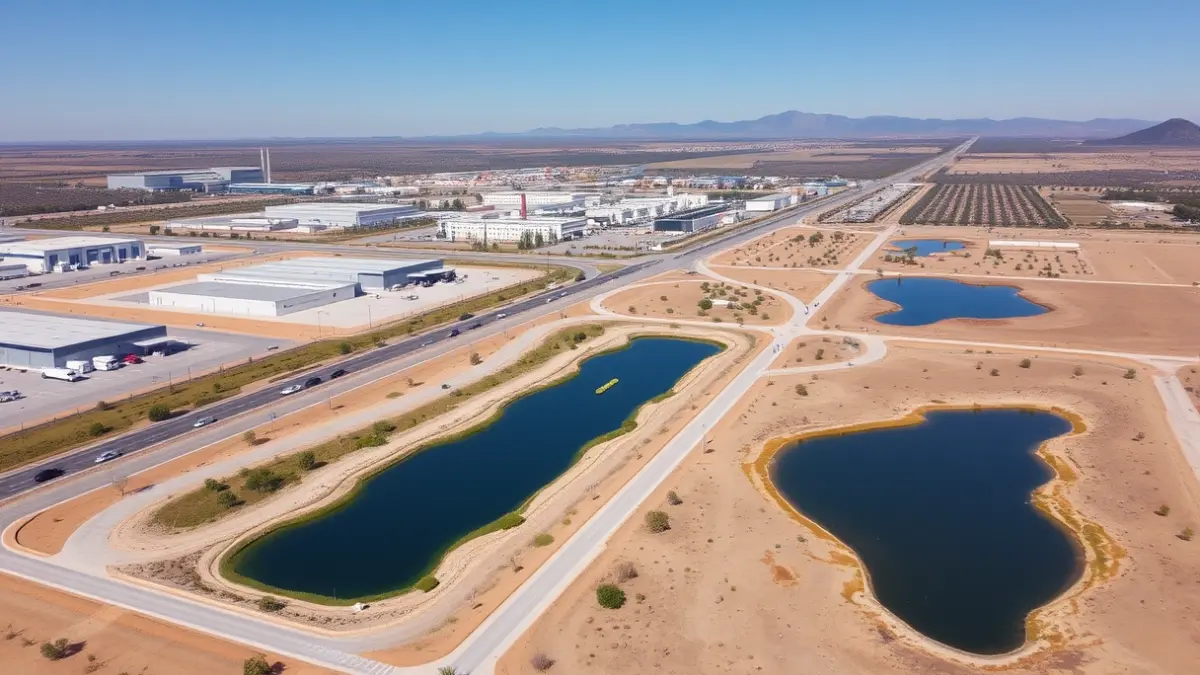 Imatge aèria d'un polígon industrial amb infraestructures de gestió d'aigua en un paisatge valencià.