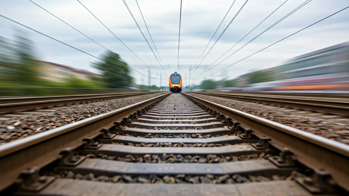 Image of train tracks with objects on them, with a blurred train in the background.