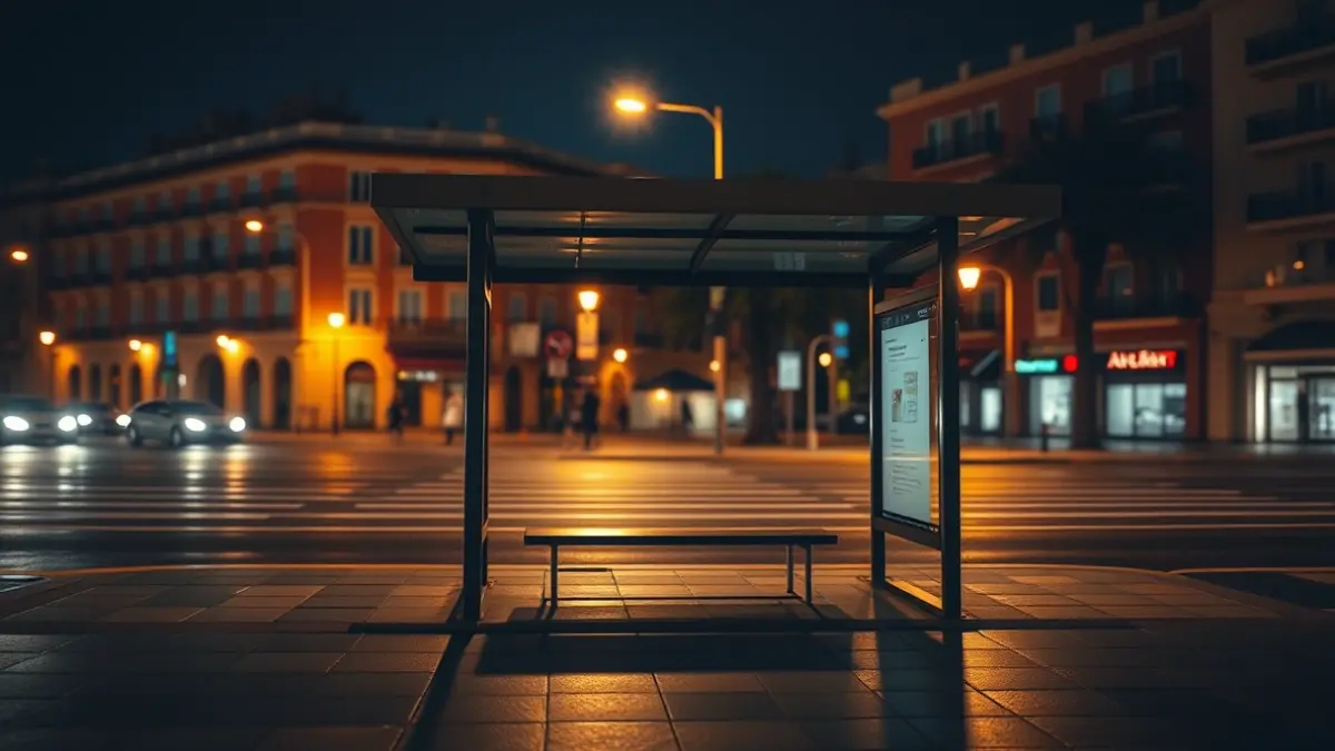 Generic image of an empty bus stop at night in a Mediterranean city, with warm lights and long shadows.