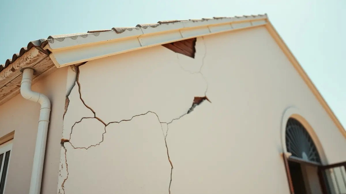 Imatge d'un edifici escolar amb esquerdes i danys estructurals, que necessita reparació.