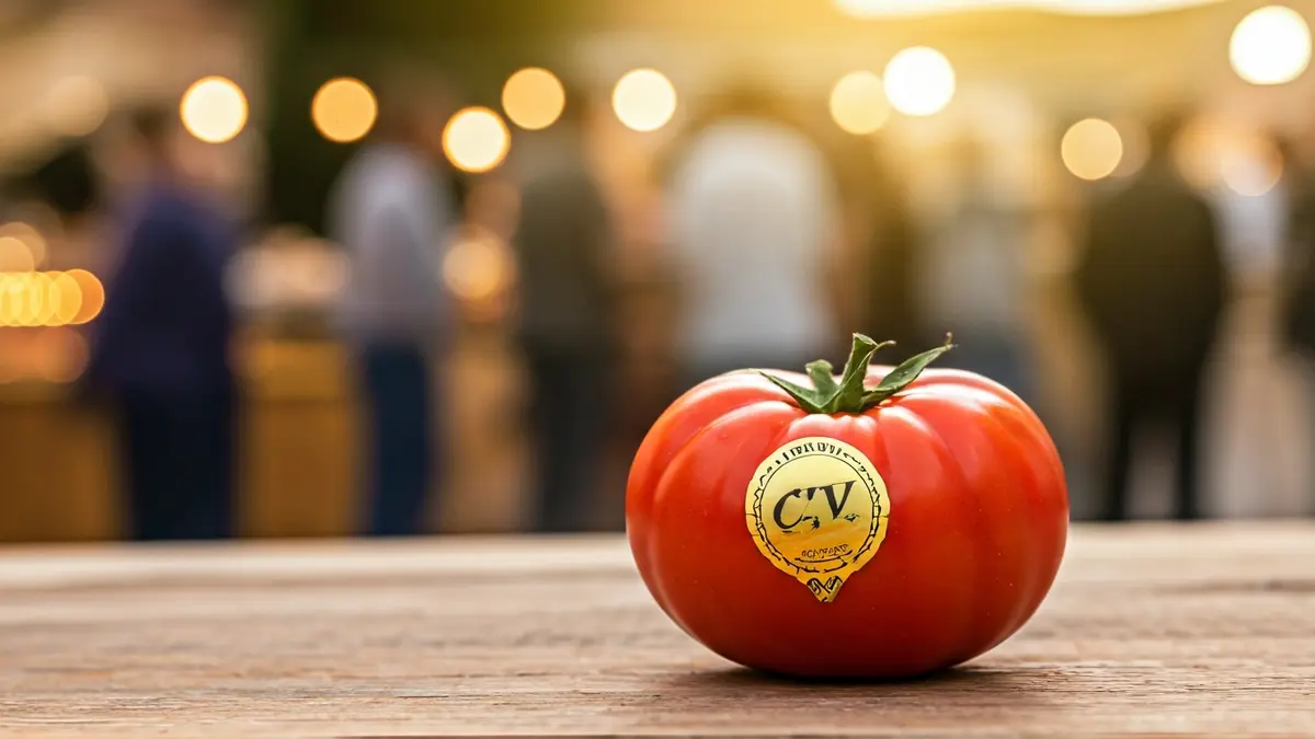 Imatge d'un tomàquet valencià amb el segell 'CV' en una fira gastronòmica.