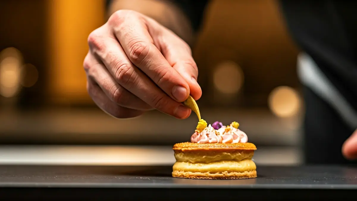 Imatge genèrica d'unes mans de xef decorant un pastís amb precisió.