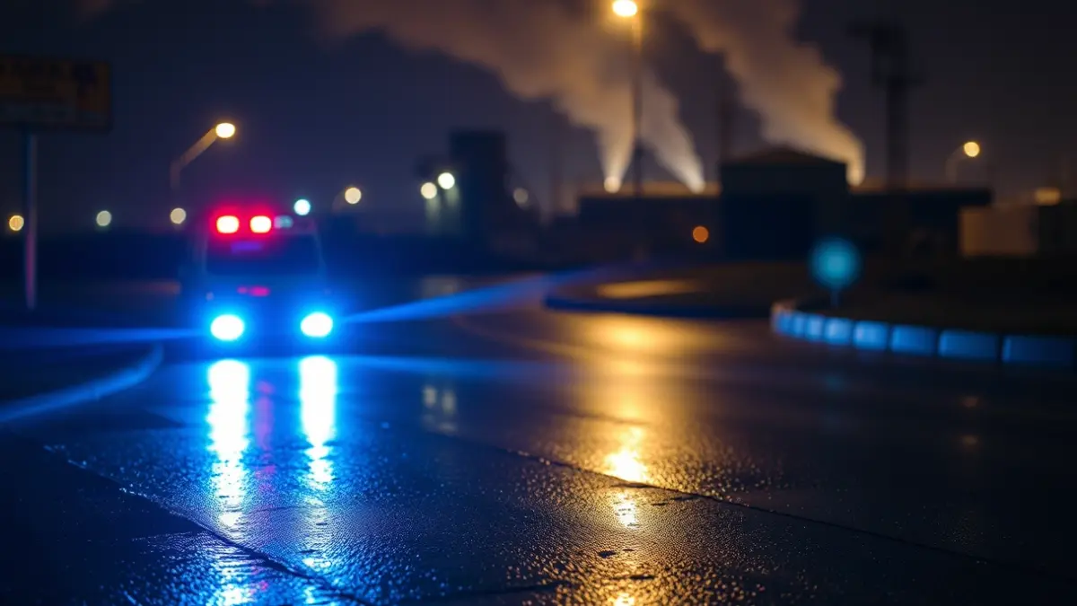 Imagen genérica de luces de emergencia reflejándose en el asfalto de noche, con humo en la distancia.