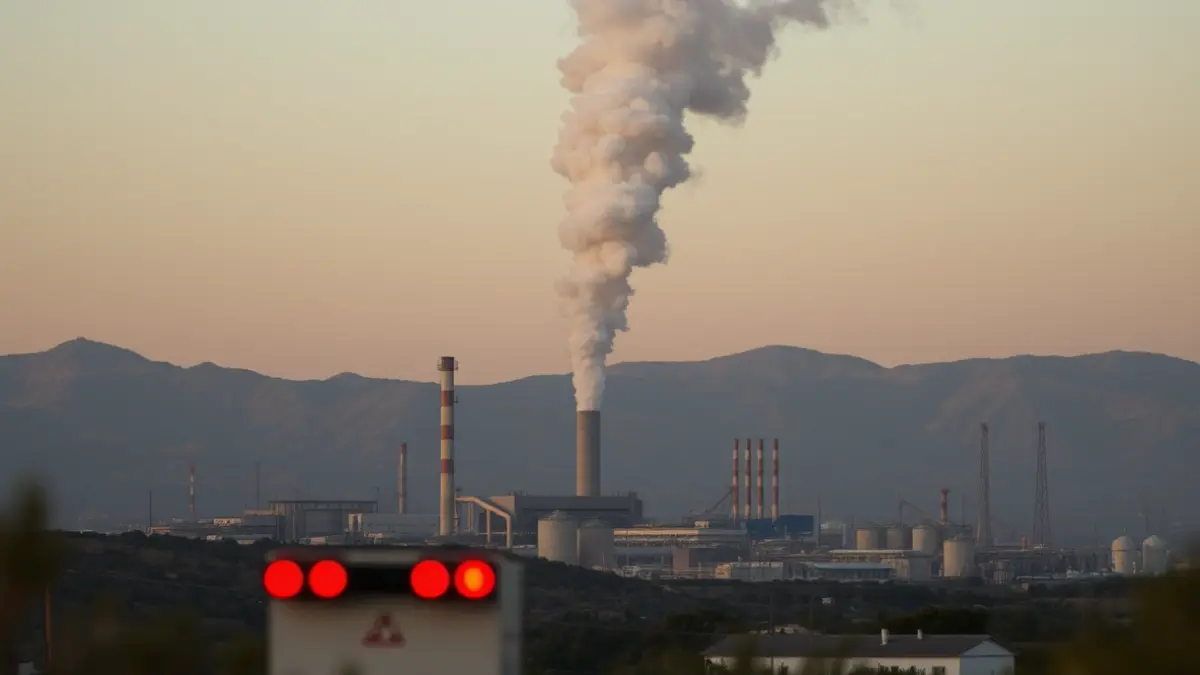 Image of a grey smoke column rising from an industrial plant in a Mediterranean landscape, with blurred emergency lights in the foreground.