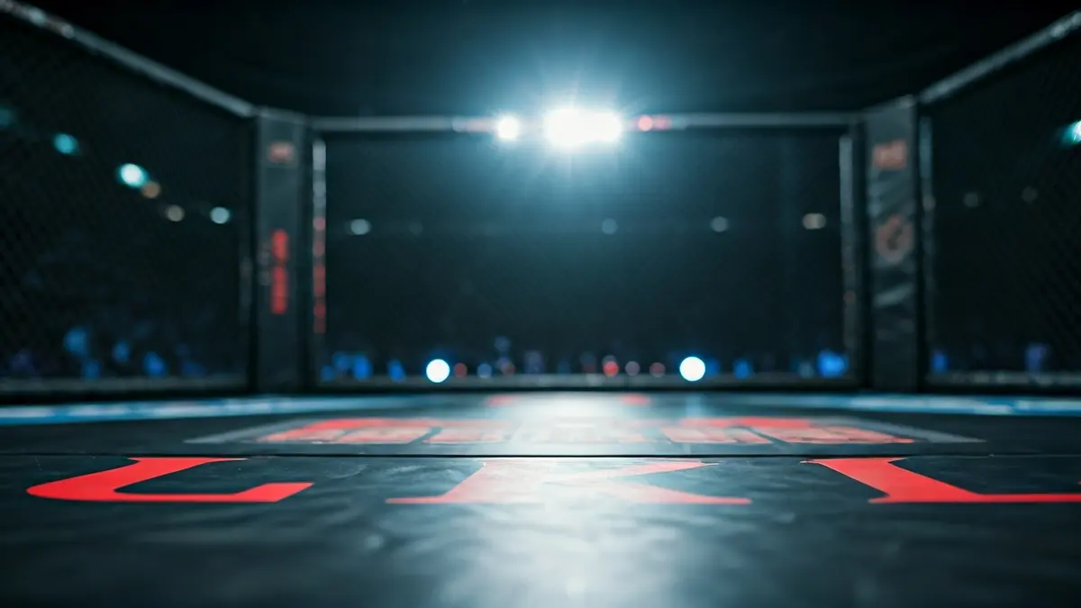 Generic image of an MMA cage mat with blurred ropes in the background, under arena lights.