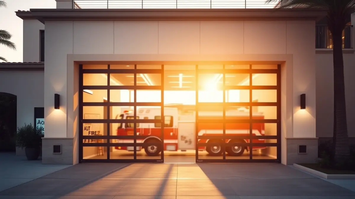 Image of a modern fire station with open doors, in a Mediterranean setting.