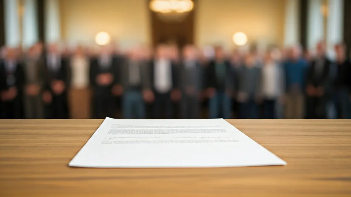 Image of a resignation letter on a desk, with a blurred municipal building interior.