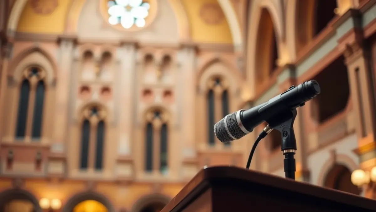 Image of a microphone on a lectern inside an old convent, symbolizing a cultural space.