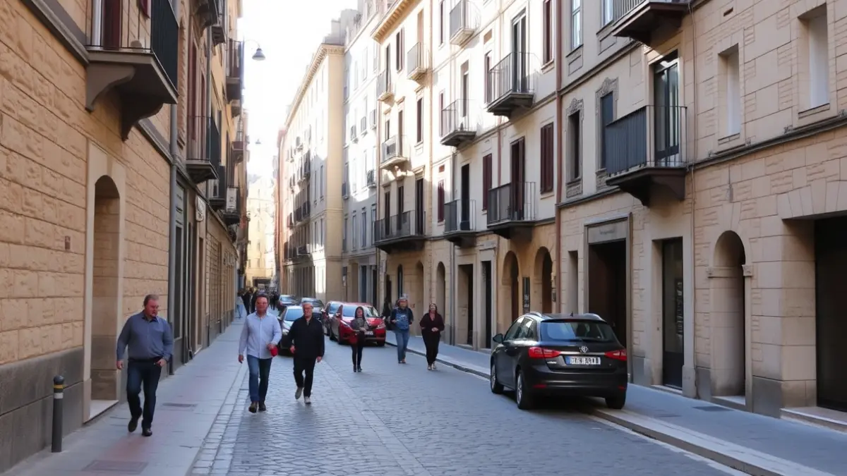 Imagen de una calle estrecha e histórica en una ciudad mediterránea, sin coches y con peatones.