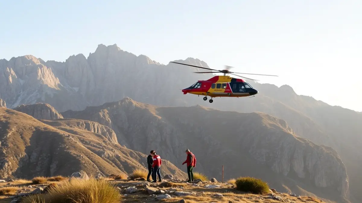 Imatge d'un helicòpter de rescat en la Serra del Migdia de Pego, amb personal d'emergències atenent una persona ferida.