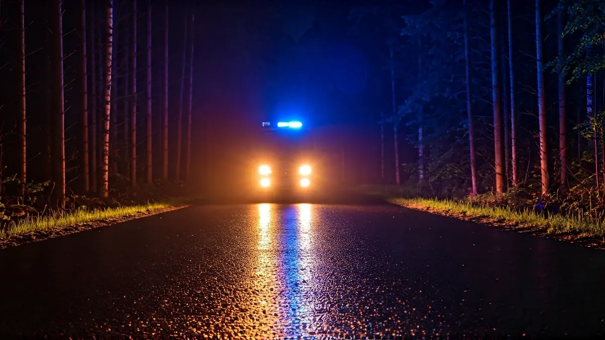 Imagen genérica de luces de emergencia en un entorno forestal, reflejándose en el asfalto mojado.