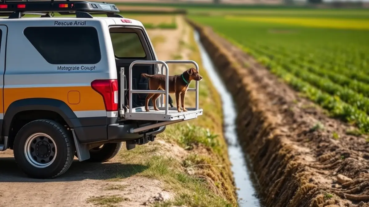 Image of a rescue vehicle with an elevated platform near an irrigation ditch, in a rural setting of the Valencian Community.