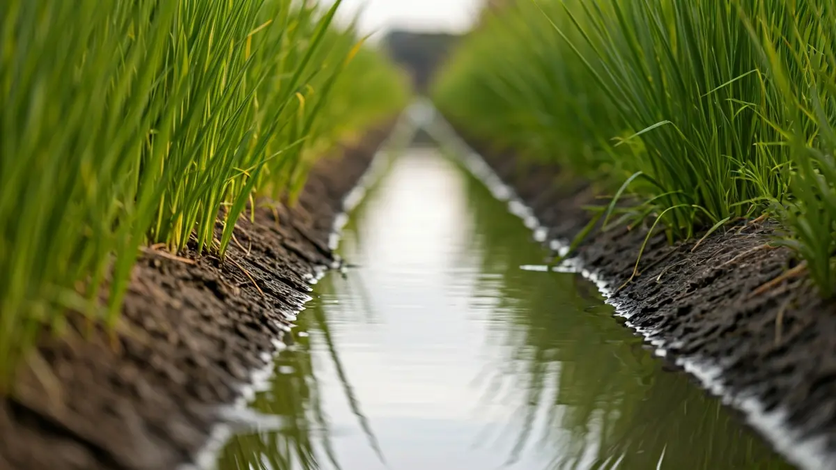 Imagen de una acequia con agua fangosa, vegetación borrosa y luz suave de la mañana.