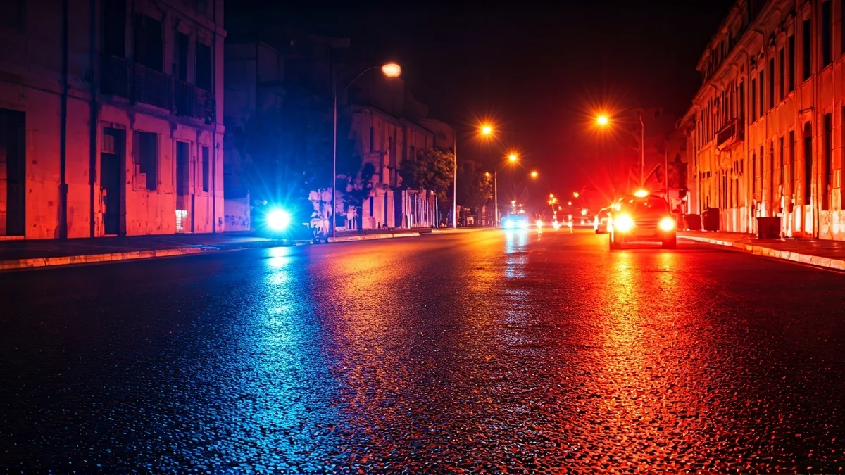 Generic image of emergency lights reflecting on wet asphalt.