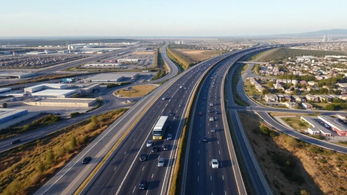 Generic image of a highway with moderate traffic during rush hour, surrounded by industrial parks and residential areas.