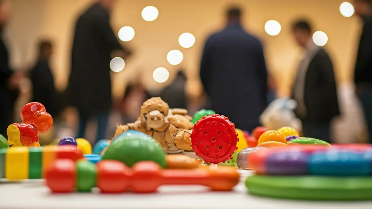 Generic image of various colorful toys, some with blurred edges, on a plain surface.