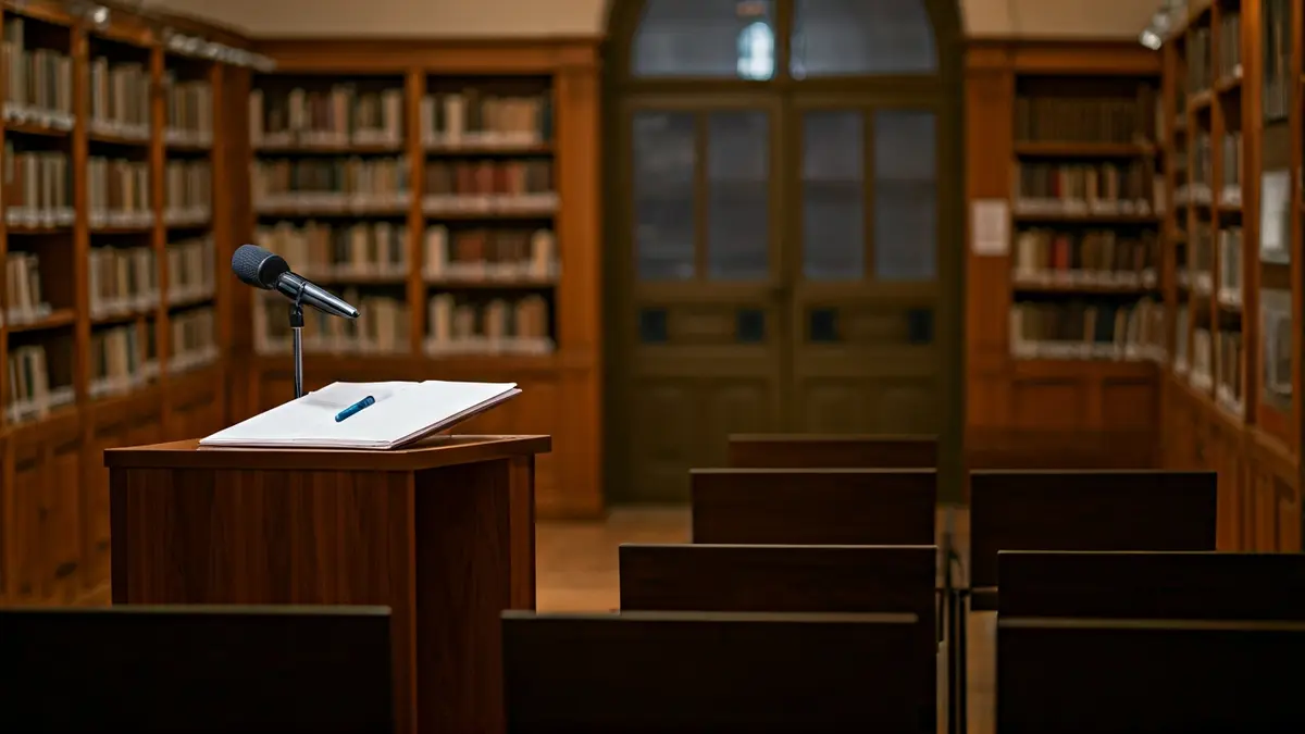 Generic image of a library interior with wooden bookshelves and a microphone on a podium.