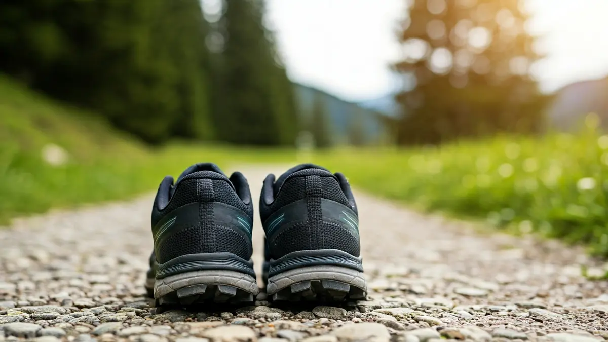 Generic image of trail running shoes on a mountain path.