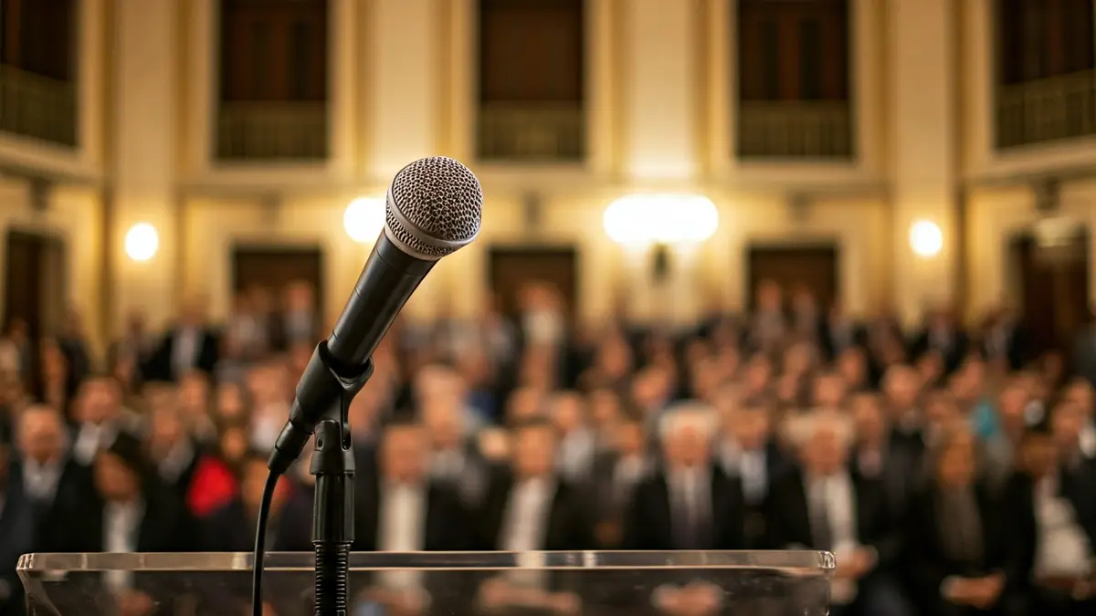 Generic image of a microphone on a podium, symbolizing political debate and the defense of the Valencian language.