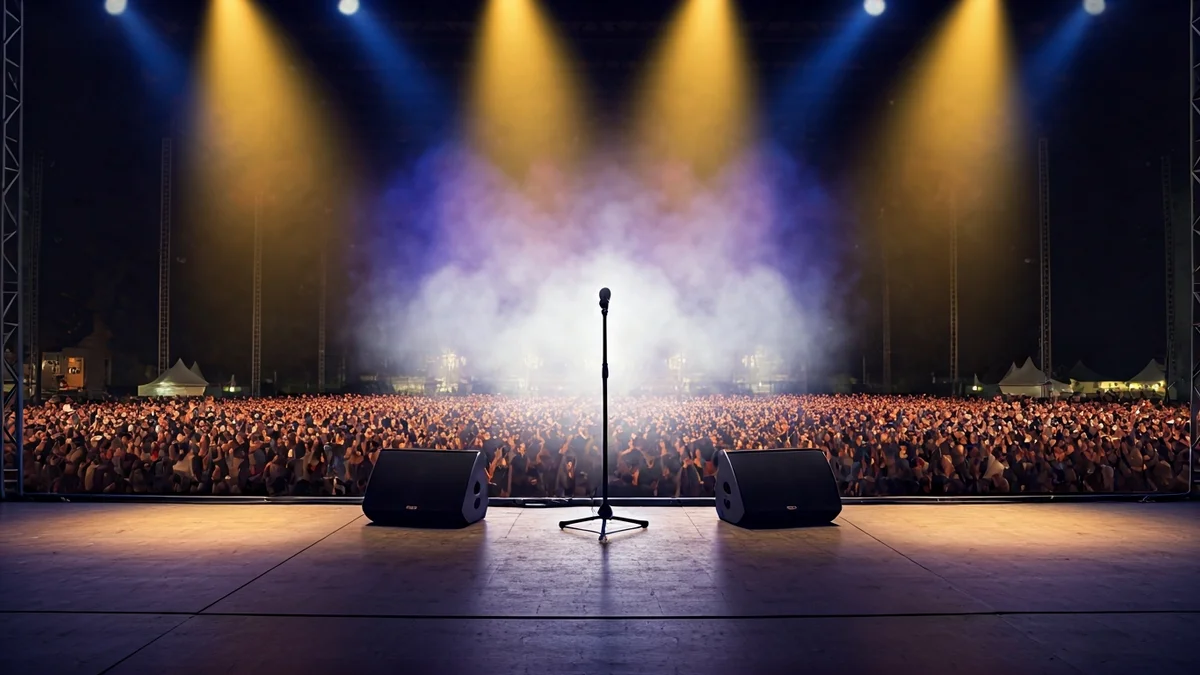 Generic image of a music festival stage with colorful lights and blurred audience.