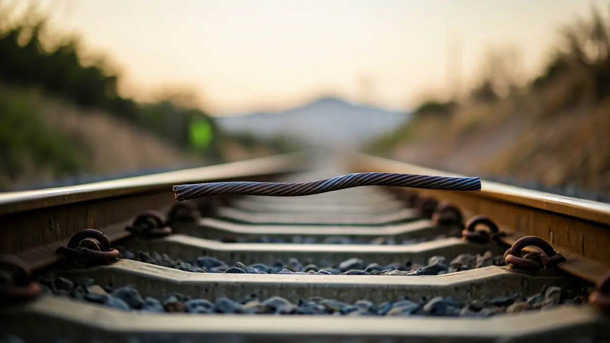 Image of a train track with stolen copper cabling, with the Valencian rural landscape in the background.