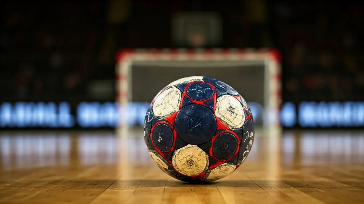 Imagen genérica de un balón de balonmano sobre una cancha de madera.